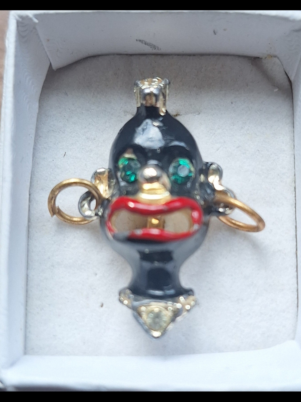 Black Enamel and Gold Tone Novelty Pendant with Red Lips and Green Stone Eyes